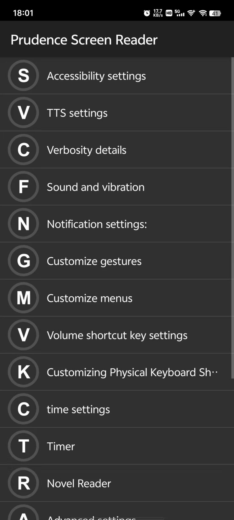 Screen reader menu
